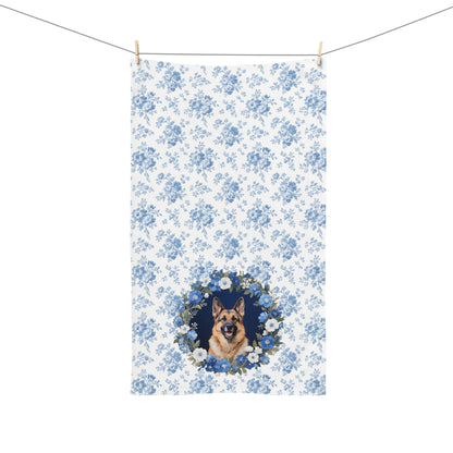 Blue Floral German Shepherd Dog Portrait Hand Towel – Cute Pet Bathroom Accessory