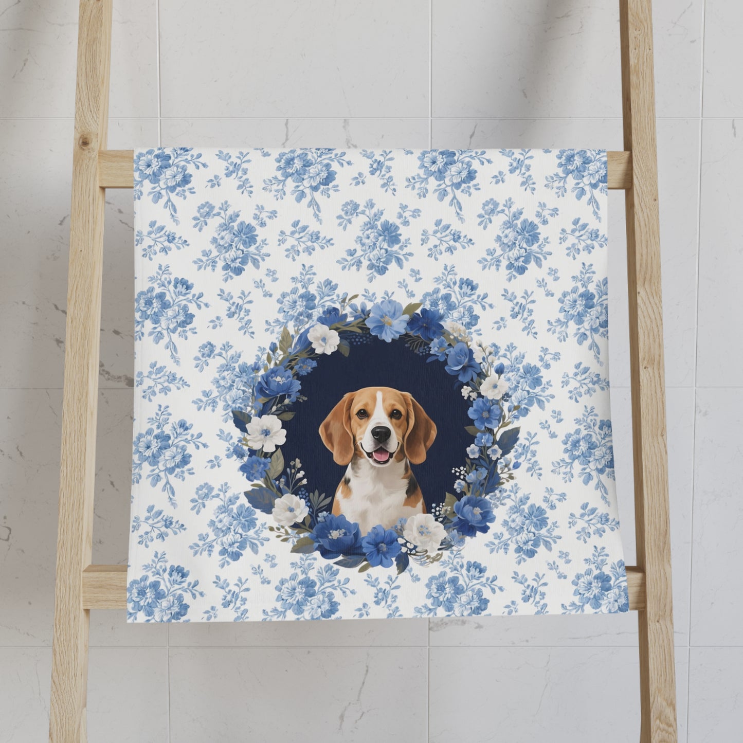 Blue Floral Beagle Dog Portrait Hand Towel – Cute Pet Bathroom Accessory