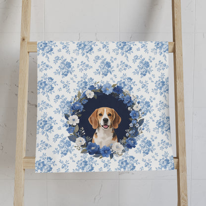 Blue Floral Beagle Dog Portrait Hand Towel – Cute Pet Bathroom Accessory