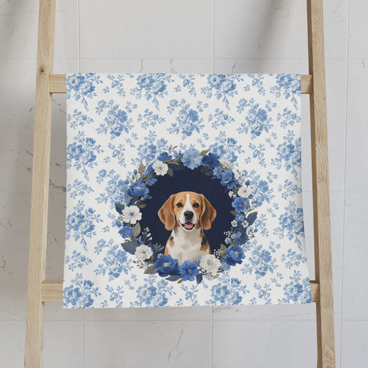 Blue Floral Beagle Dog Portrait Hand Towel – Cute Pet Bathroom Accessory