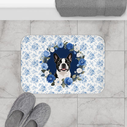 Blue Floral Bostie Bath Mat – Cute Boston Terrier Dog Bathroom Rug