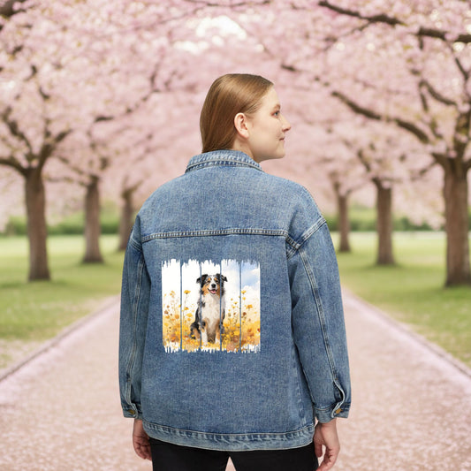 Trendy Australian Shepherd Dog Women's Denim Jacket, Dog Demin Jacket, Gift for Aussie Dog Mom, Gift for Dog Lovers, Fall Dog Style