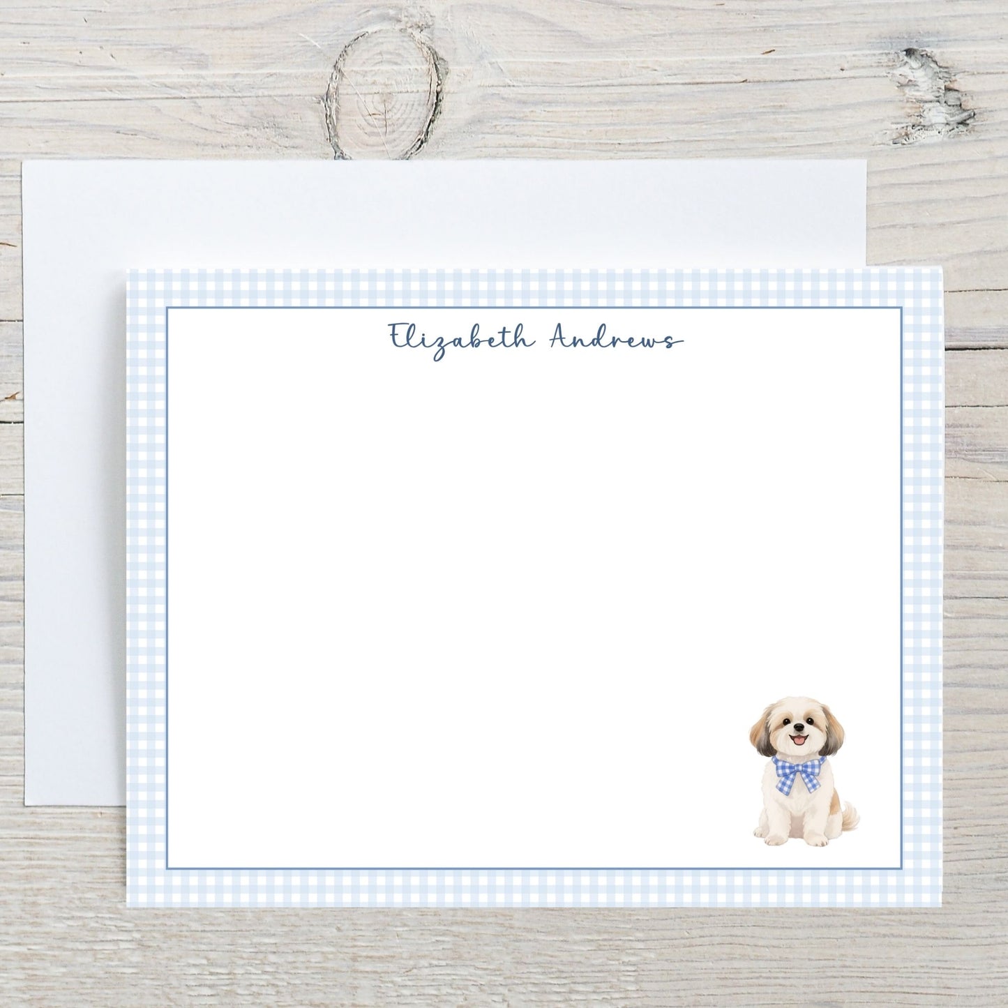 Shih Tzu Dog Blue Gingham Personalized Notecard Set
