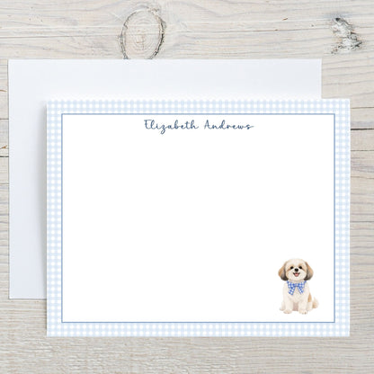 Shih Tzu Dog Blue Gingham Personalized Notecard Set