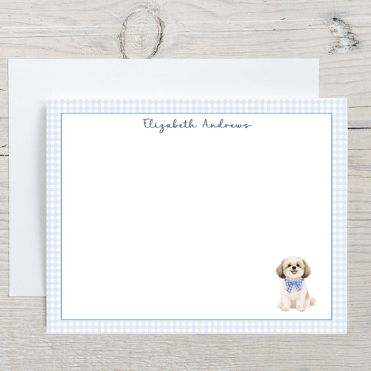 Shih Tzu Dog Blue Gingham Personalized Notecard Set
