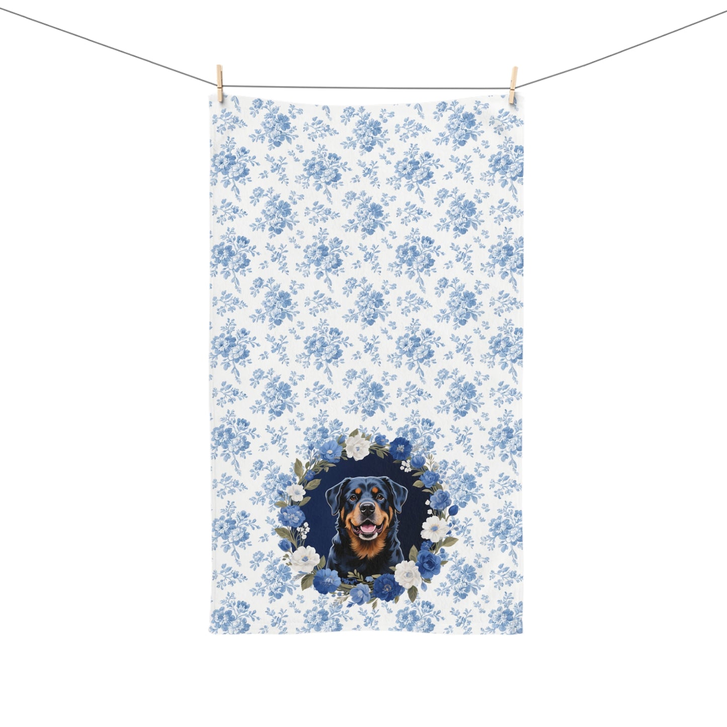 Blue Floral Rottweiler Dog Portrait Hand Towel – Cute Pet Bathroom Accessory
