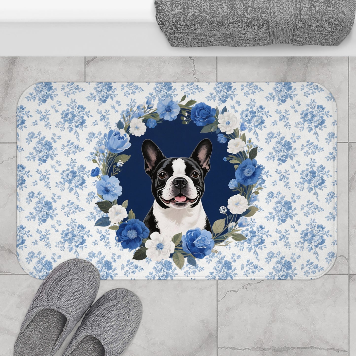 Blue Floral Bostie Bath Mat – Cute Boston Terrier Dog Bathroom Rug