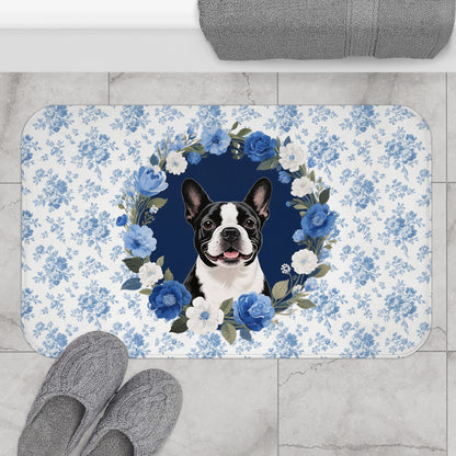 Blue Floral Bostie Bath Mat – Cute Boston Terrier Dog Bathroom Rug