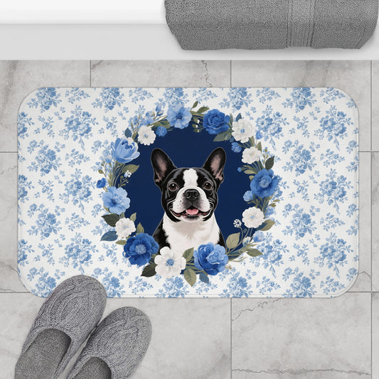 Blue Floral Bostie Bath Mat – Cute Boston Terrier Dog Bathroom Rug