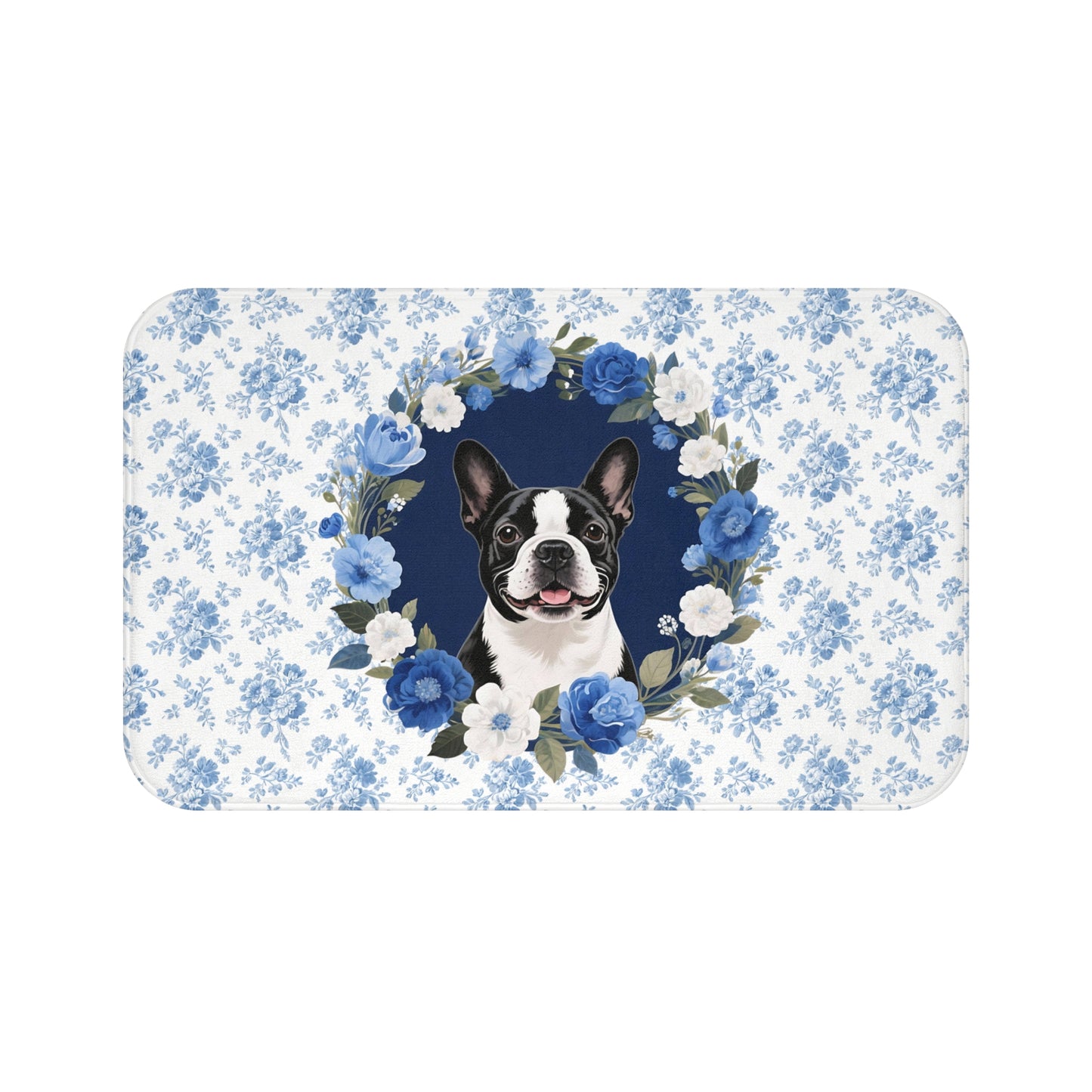 Blue Floral Bostie Bath Mat – Cute Boston Terrier Dog Bathroom Rug