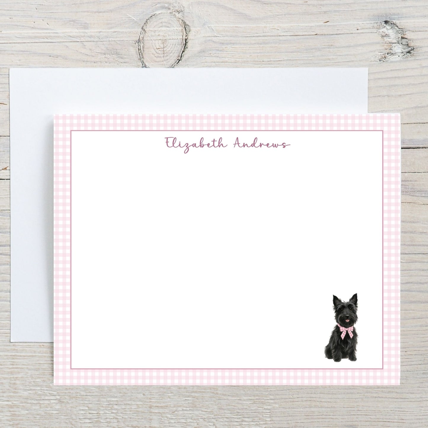 Scottish Terrier Dog Pink Gingham Personalized Notecard Set