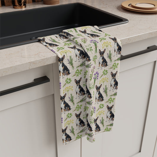 Rat Terrier Dog & Herbs Tea Towel - Floral Dog Kitchen Towel