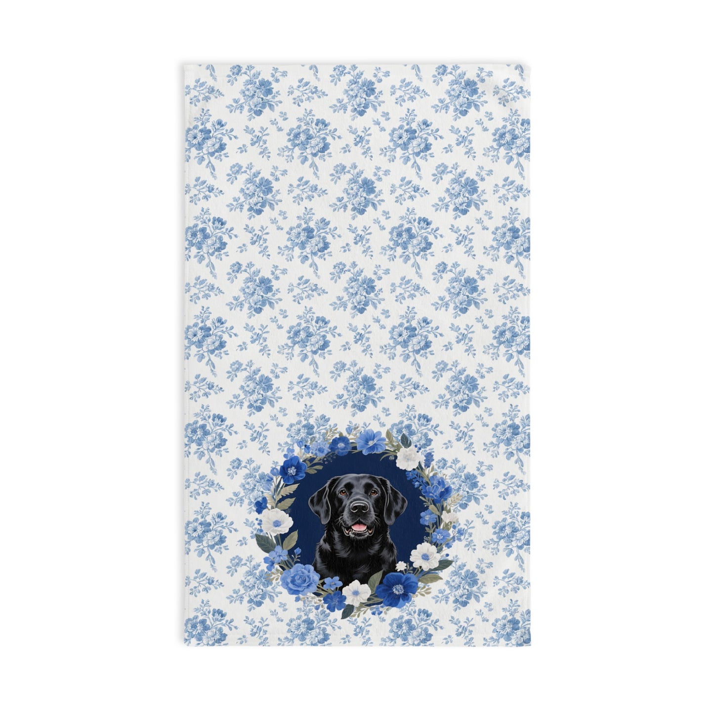 Blue Floral Black Labrador Retriever Dog Portrait Hand Towel – Cute Pet Bathroom Accessory