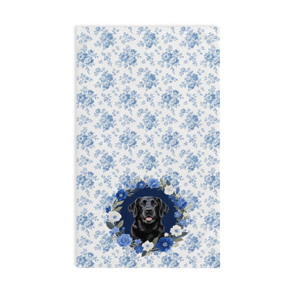 Blue Floral Black Labrador Retriever Dog Portrait Hand Towel – Cute Pet Bathroom Accessory