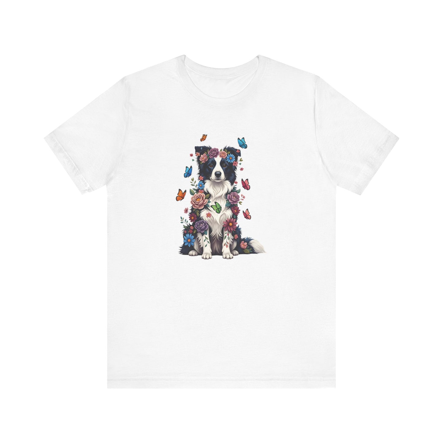 Whimsical Floral Border Collie Tee – Colorful Dog Lover Shirt with Butterflies