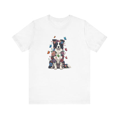 Whimsical Floral Border Collie Tee – Colorful Dog Lover Shirt with Butterflies