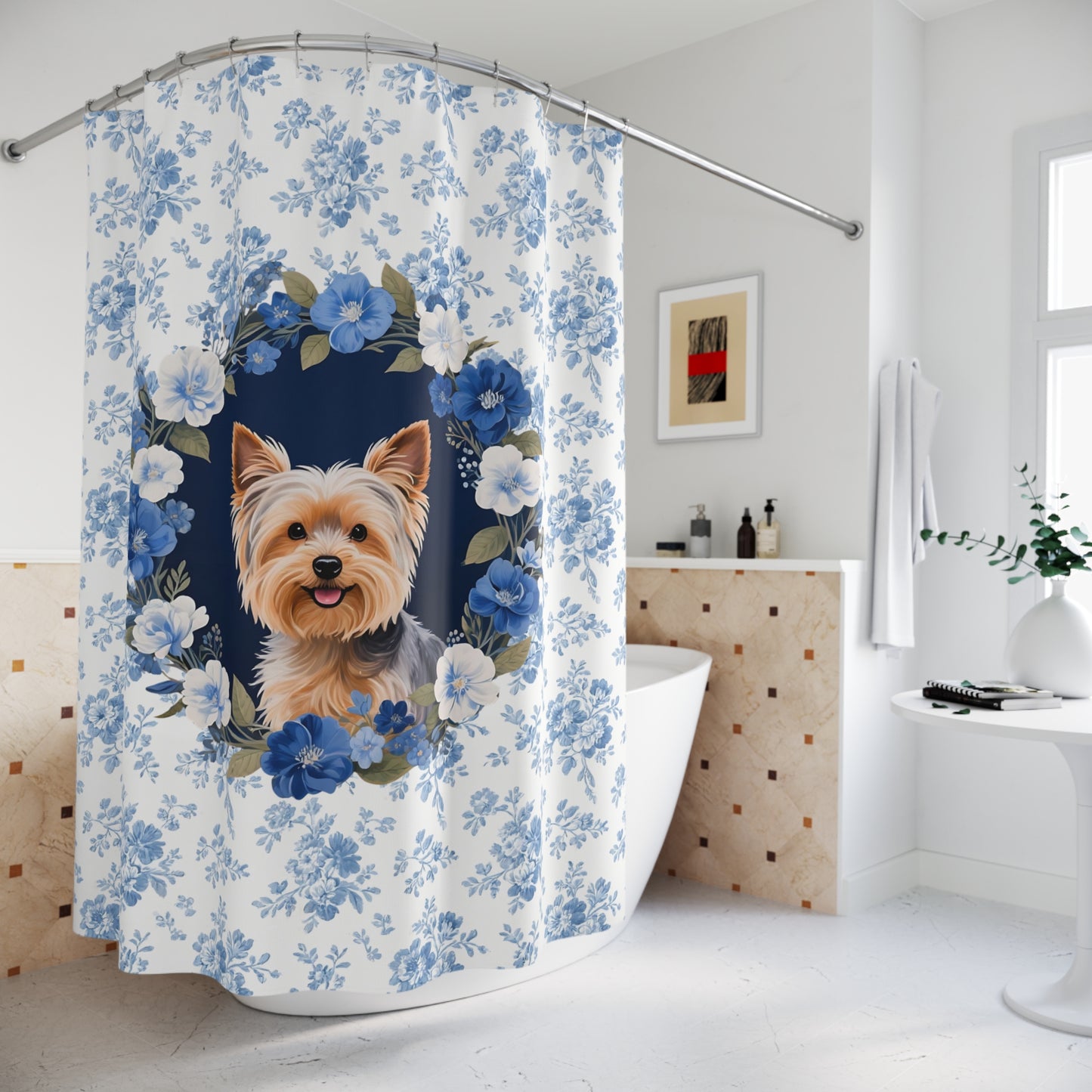 Yorkshire Terrier Dog Blue Floral Shower Curtain – Dog Portrait Bath Decor
