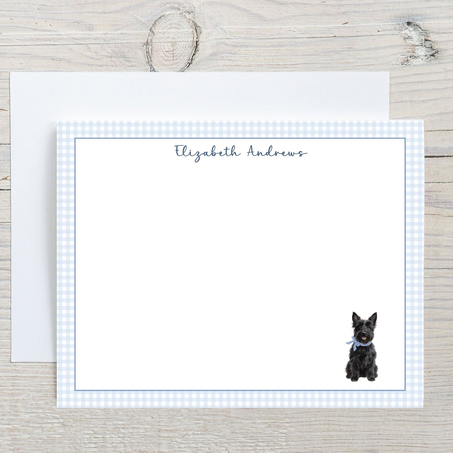 Scottish Terrier Dog Blue Gingham Personalized Notecard Set