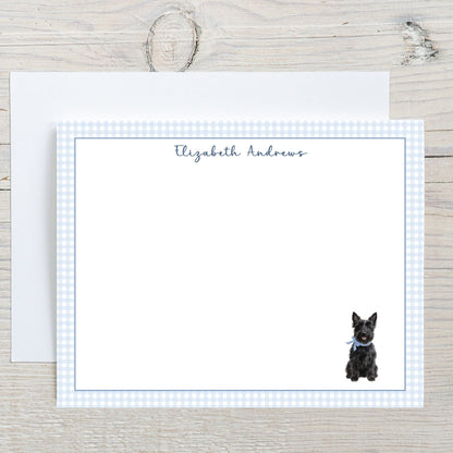 Scottish Terrier Dog Blue Gingham Personalized Notecard Set
