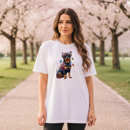 Whimsical Floral Rottweiler Tee – Colorful Dog Lover Shirt with Butterflies