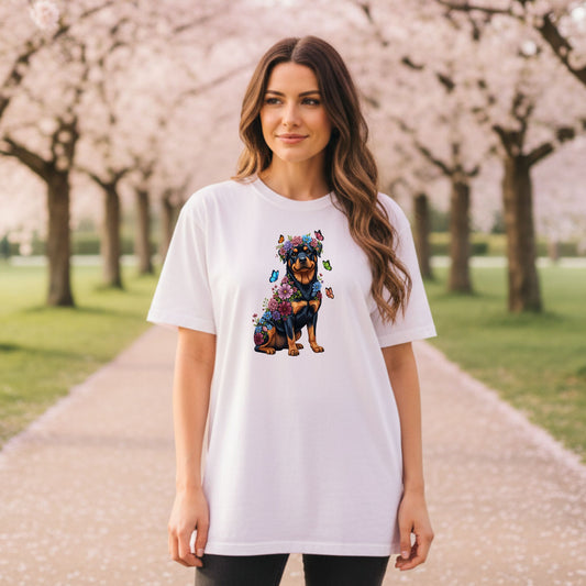 Whimsical Floral Rottweiler Tee – Colorful Dog Lover Shirt with Butterflies