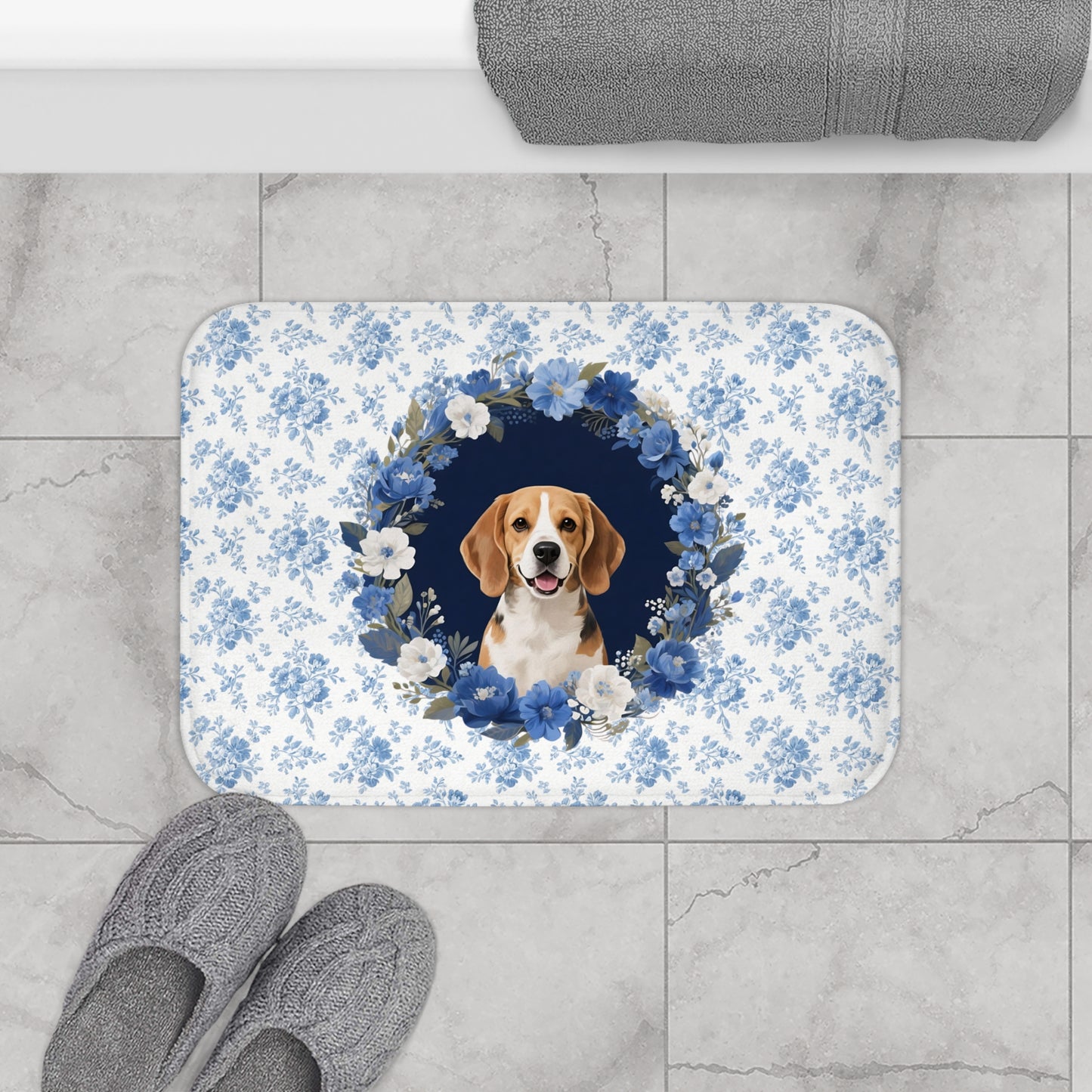 Blue Floral Beagle Bath Mat – Cute Beagle Dog Bathroom Rug