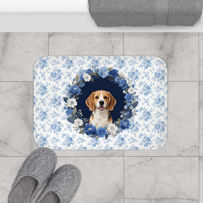 Blue Floral Beagle Bath Mat – Cute Beagle Dog Bathroom Rug