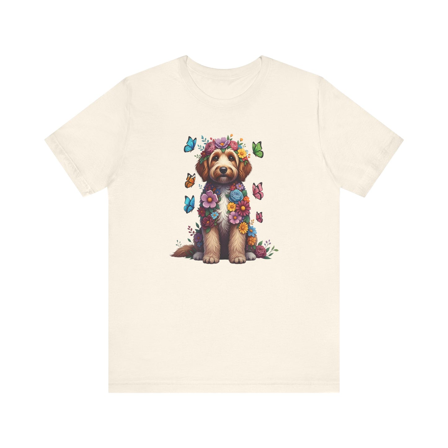 Whimsical Floral Goldendoodle Tee – Colorful Dog Lover Shirt with Butterflies