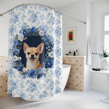 Chihuahua Dog Blue Floral Shower Curtain – Dog Portrait Bath Decor