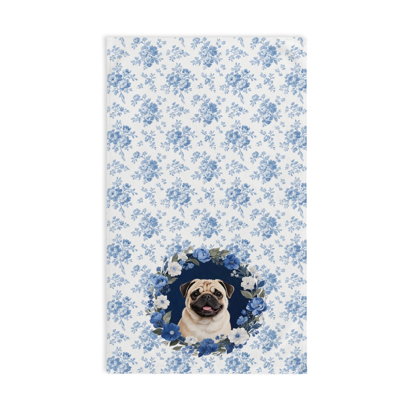 Blue Floral Pug Dog Portrait Hand Towel – Cute Pet Bathroom Accessory