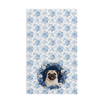 Blue Floral Pug Dog Portrait Hand Towel – Cute Pet Bathroom Accessory