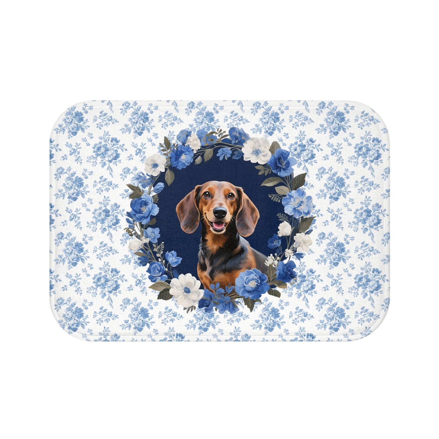 Blue Floral Doxie Bath Mat – Cute Dachshund Dog Bathroom Rug