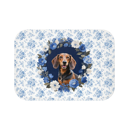 Blue Floral Doxie Bath Mat – Cute Dachshund Dog Bathroom Rug