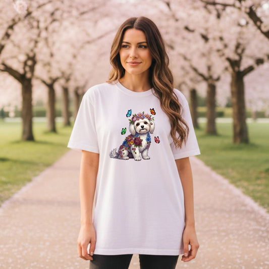 Whimsical Floral Maltese Tee – Colorful Dog Lover Shirt with Butterflies
