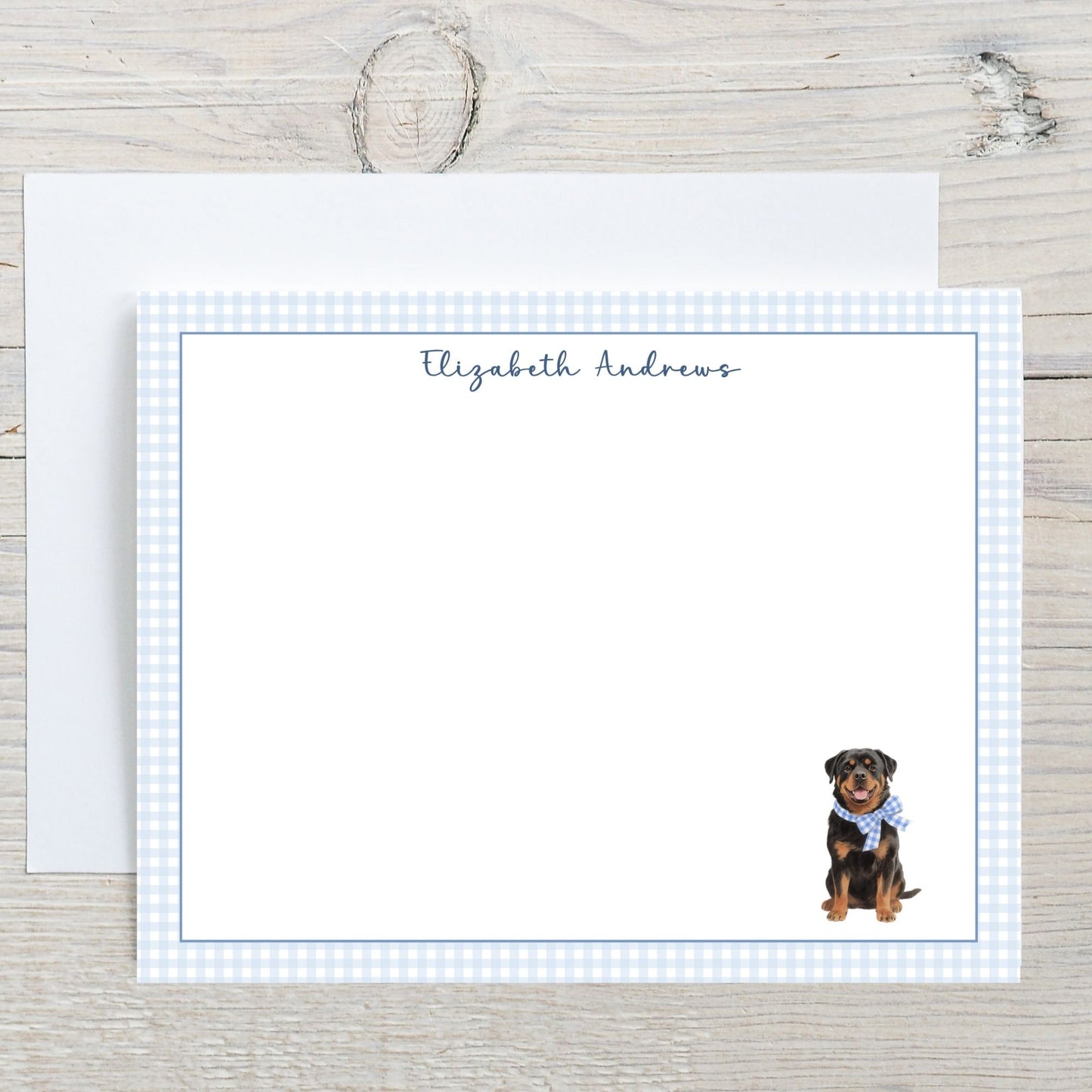 Rottweiler Dog Blue Gingham Personalized Notecard Set