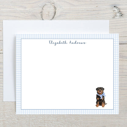 Rottweiler Dog Blue Gingham Personalized Notecard Set