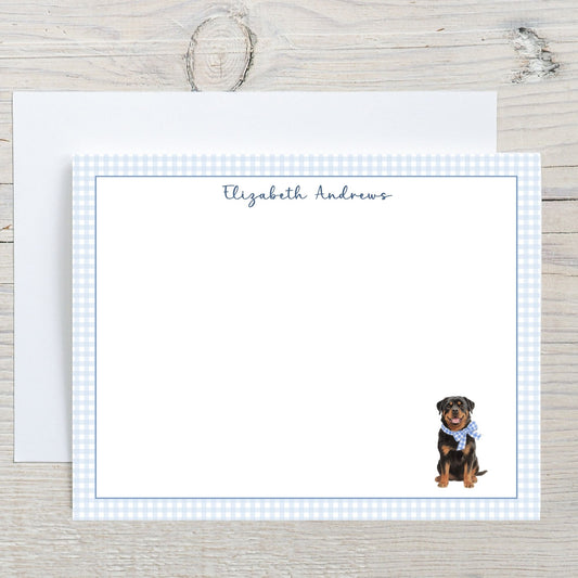 Rottweiler Dog Blue Gingham Personalized Notecard Set