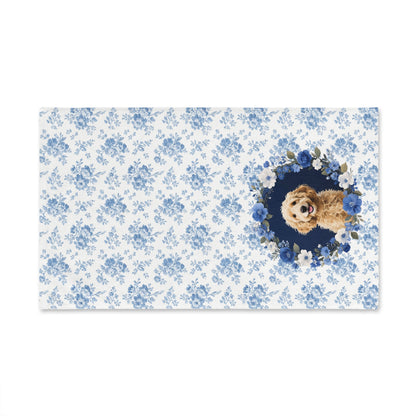 Blue Floral Goldendoodle Dog Portrait Hand Towel – Cute Pet Bathroom Accessory
