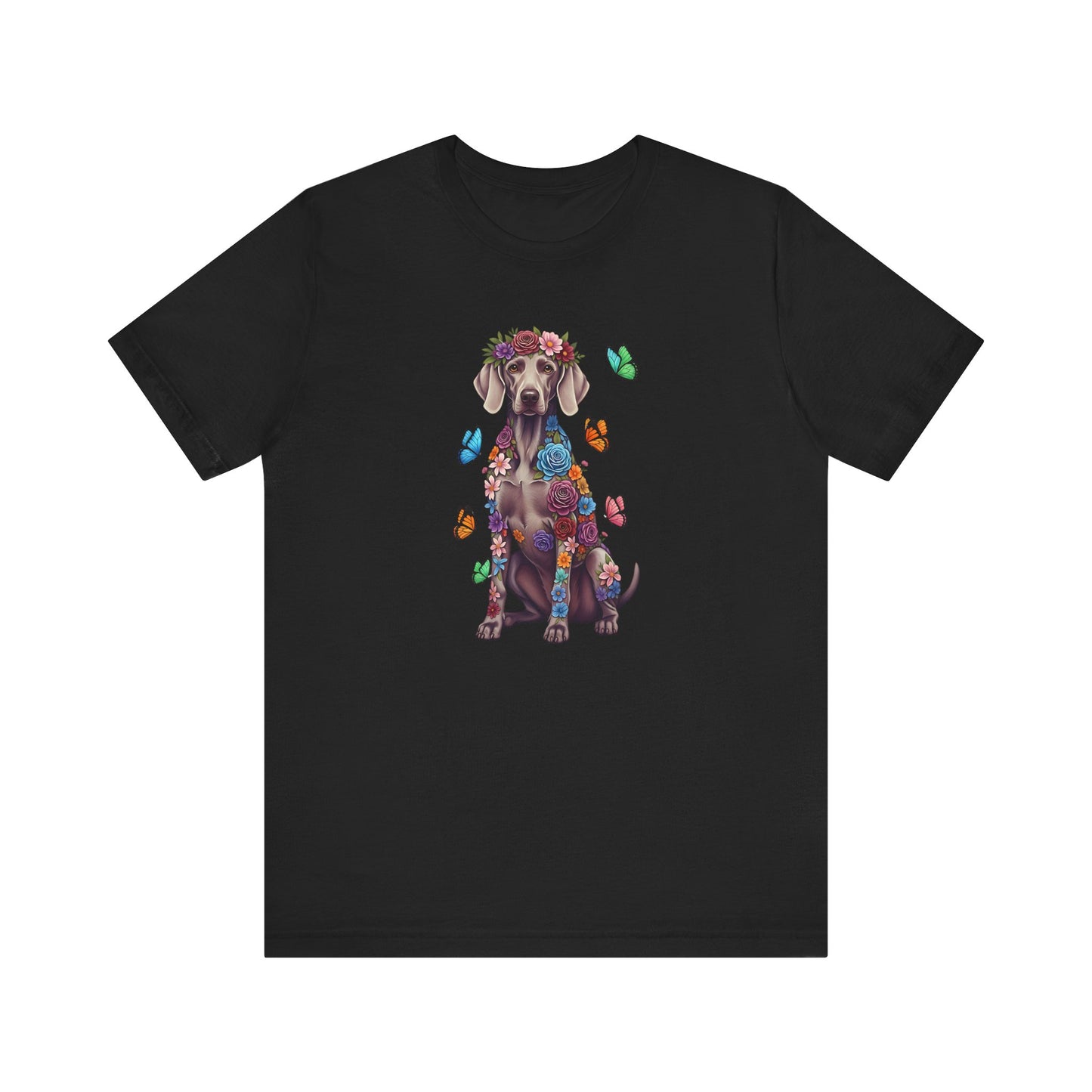 Whimsical Floral Weimaraner Tee – Colorful Dog Lover Shirt with Butterflies