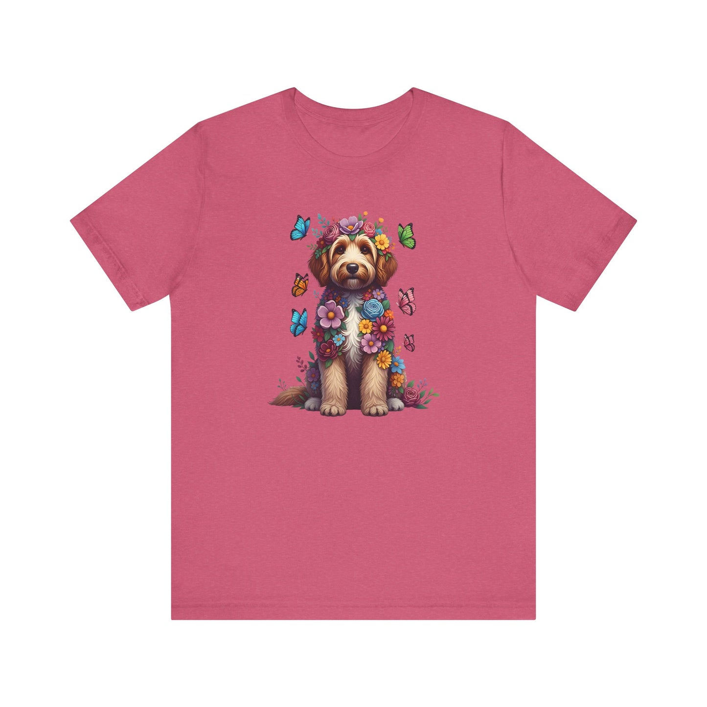 Whimsical Floral Goldendoodle Tee – Colorful Dog Lover Shirt with Butterflies