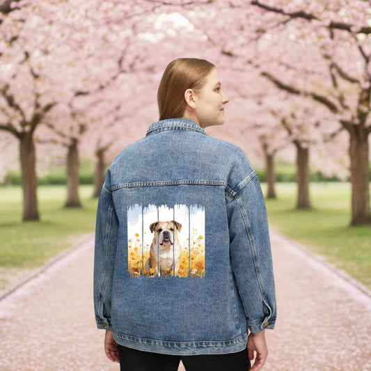 Trendy Bulldog Women's Denim Jacket, Dog Demin Jacket, Gift for Bulldog Mom, Gift for Dog Lovers, Fall Dog Style