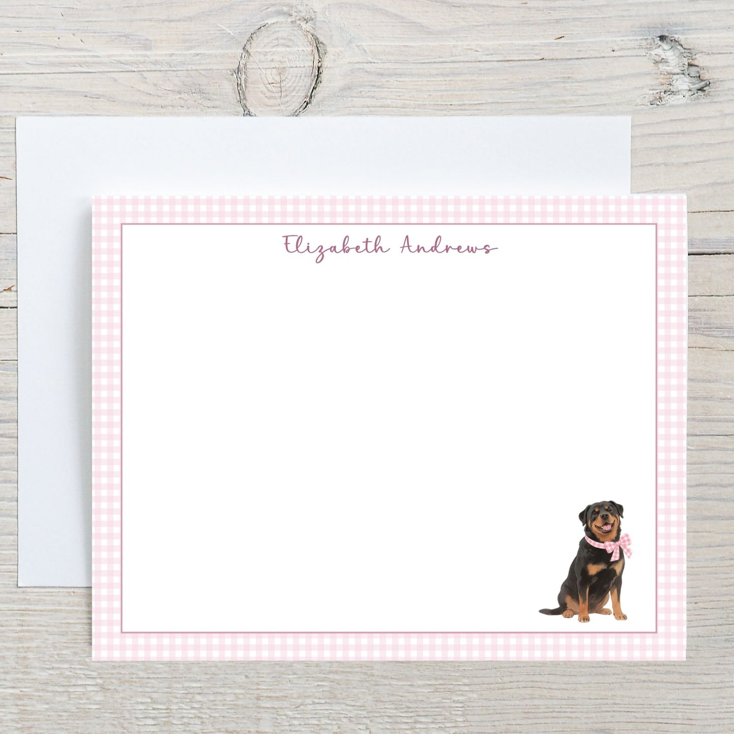 Rottweiler Dog Pink Gingham Personalized Notecard Set