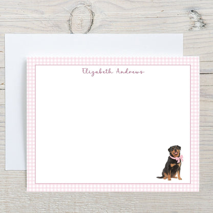 Rottweiler Dog Pink Gingham Personalized Notecard Set