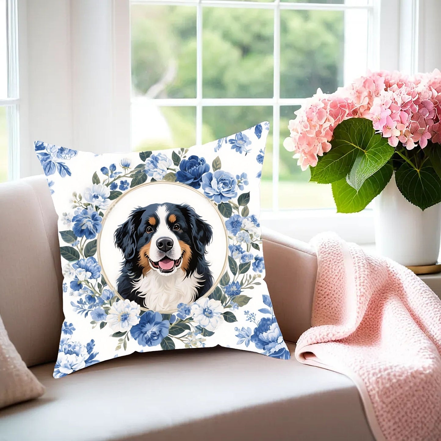 Bernese Mountain Dog Blue Floral Throw Pillow