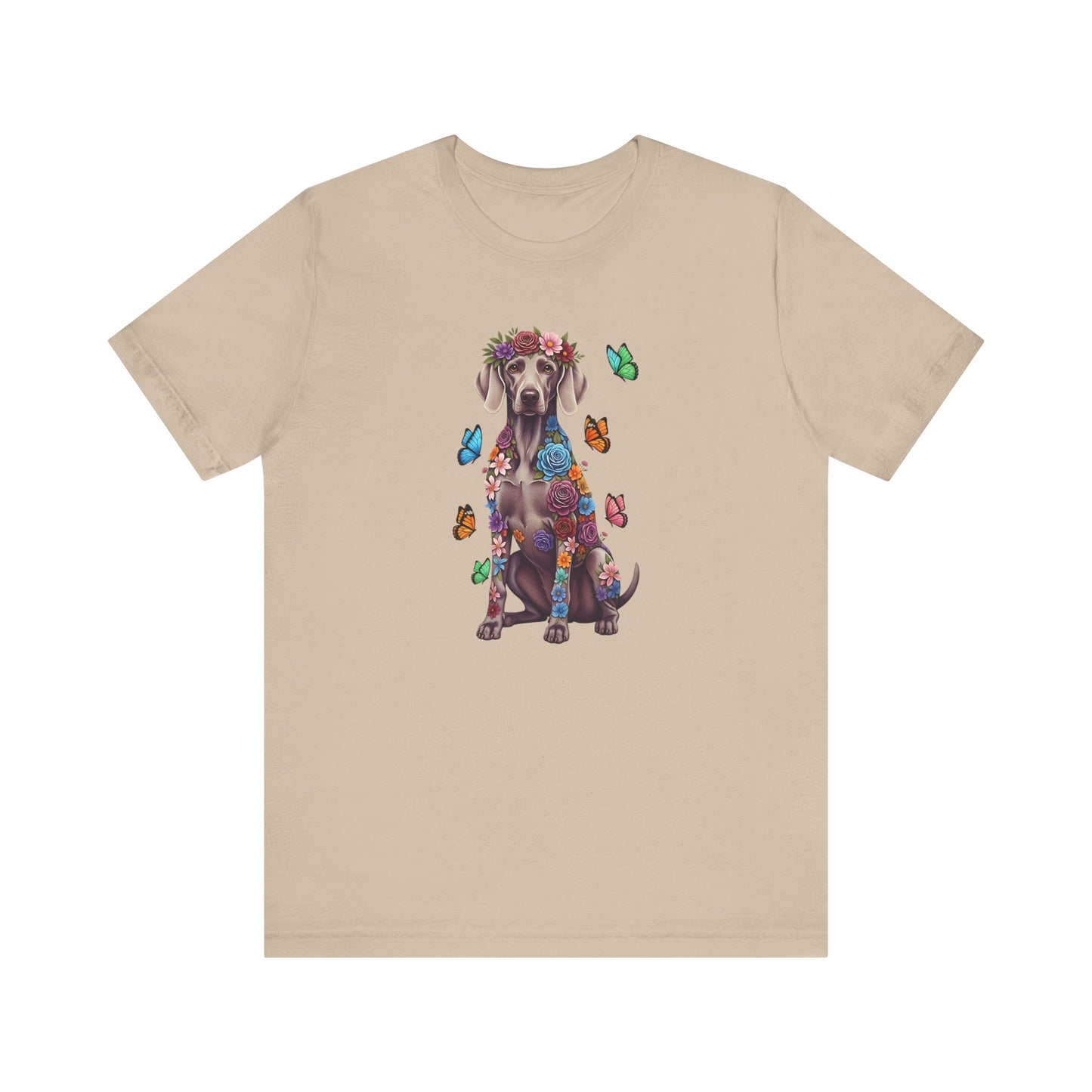 Whimsical Floral Weimaraner Tee – Colorful Dog Lover Shirt with Butterflies