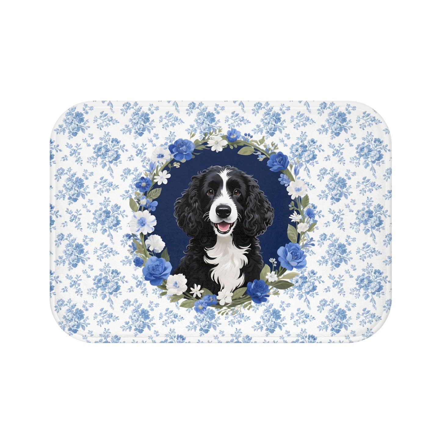 Blue Floral Portie Bath Mat – Cute Portuguese Water Dog Bathroom Rug