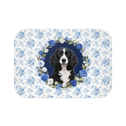 Blue Floral Portie Bath Mat – Cute Portuguese Water Dog Bathroom Rug