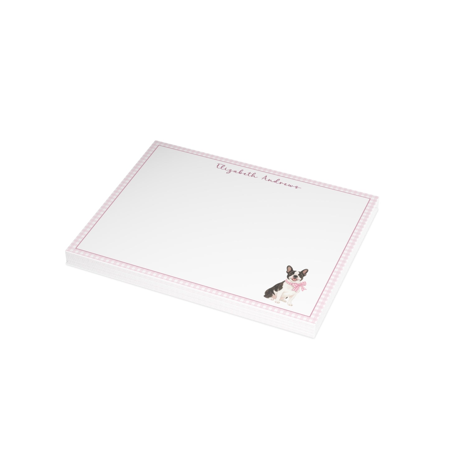 Boston Terrier Dog Pink Gingham Personalized Notecard Set