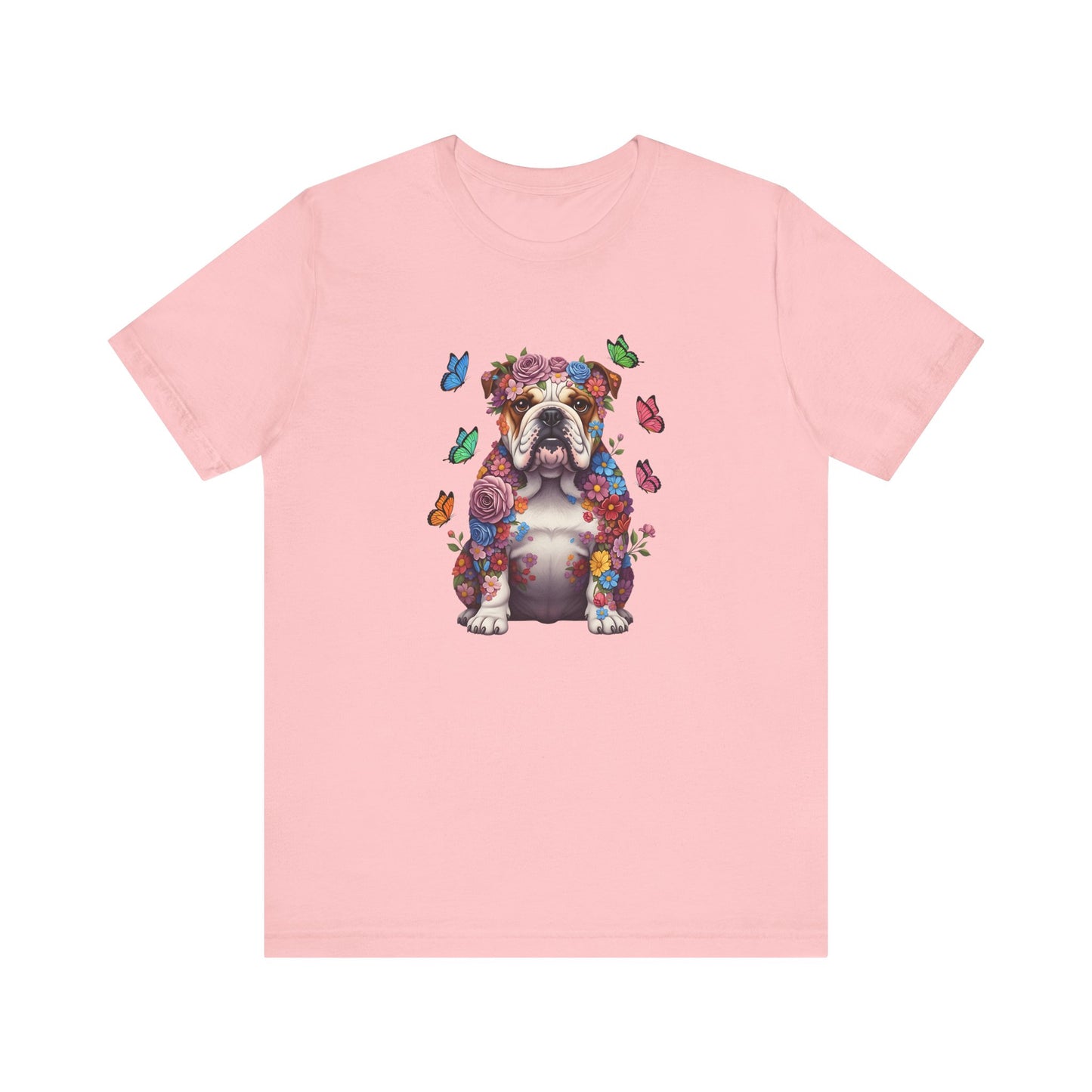 Whimsical Floral English Bulldog Tee – Colorful Dog Lover Shirt with Butterflies