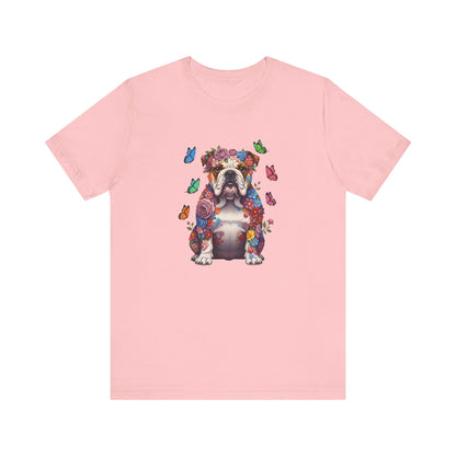 Whimsical Floral English Bulldog Tee – Colorful Dog Lover Shirt with Butterflies